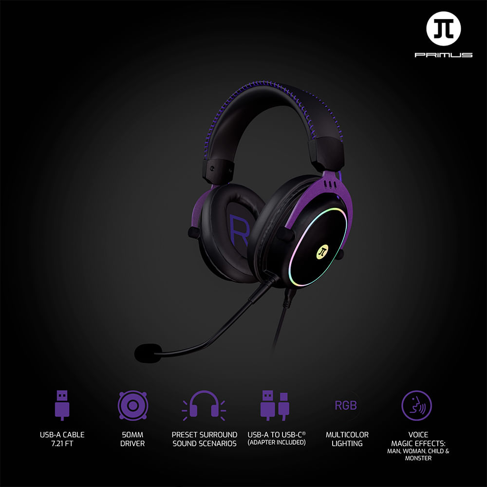 Imagen 2 del producto Audífono gamer Primus Arcus 151T alámbrico, USB tipo C, sonido envolvente virtual 7.1, 30mW, micrófono omnidireccional,  negro