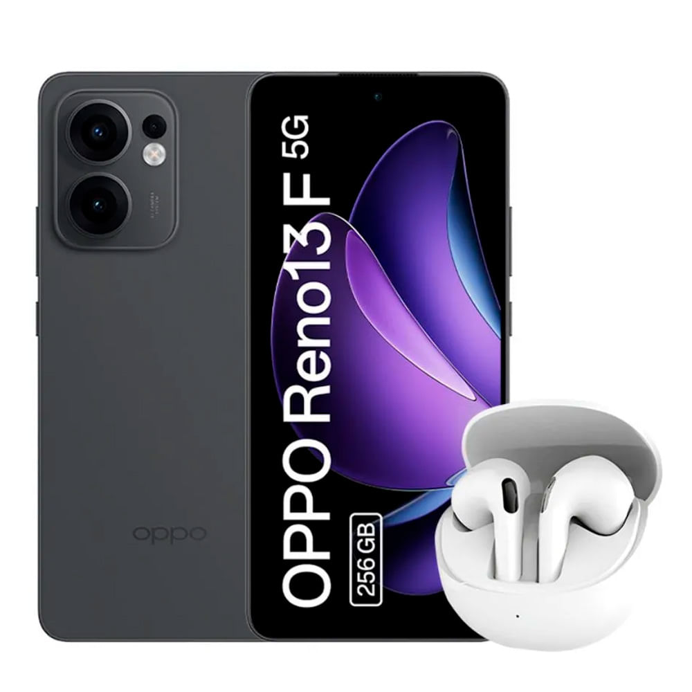 Celular OPPO Reno13 F 5G 256GB, 12GB RAM, cámara trasera 50MP y frontal 32MP, 6.67", gris + audífonos TWS blanco