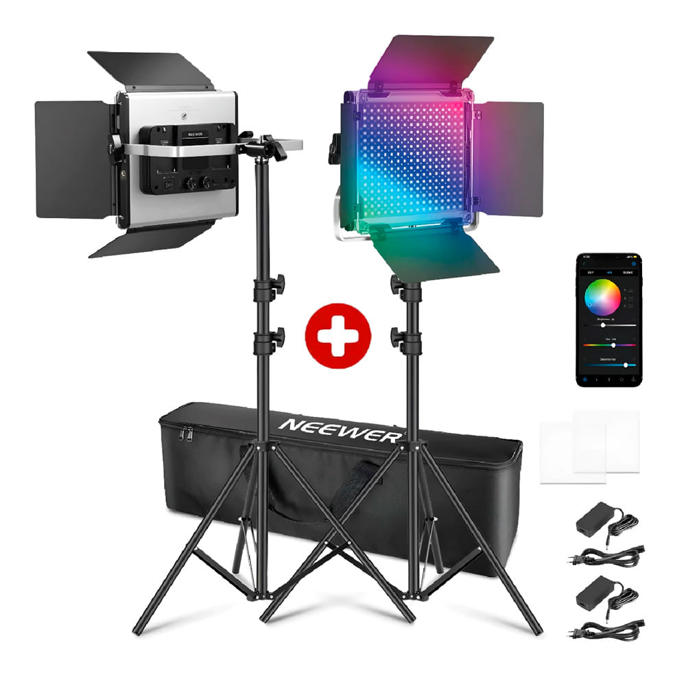 Combo: 2 luces de video Neewer LED RGB 660 PRO II 50W con control por app, aleación aluminio, negro