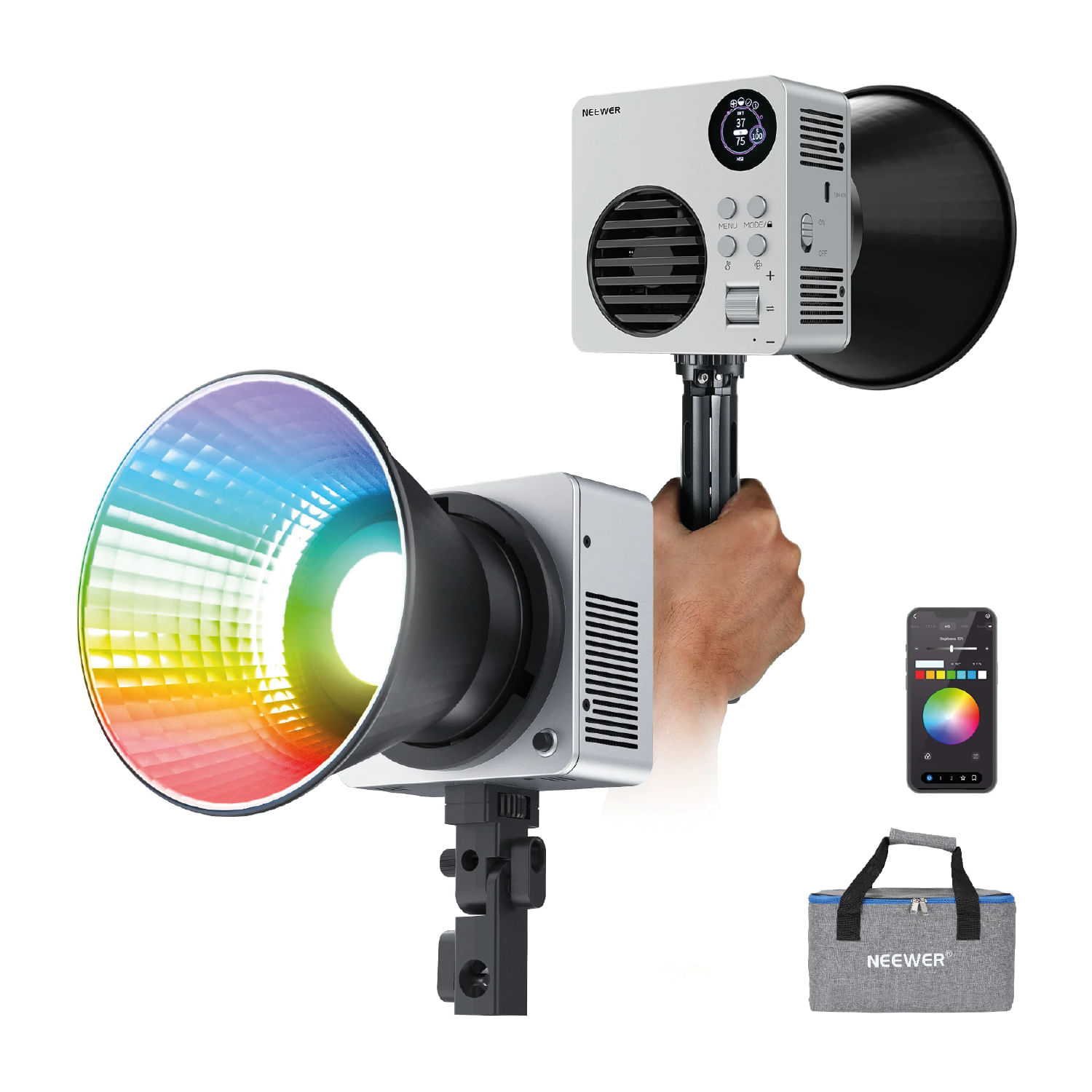 Imagen 2 del producto Mini luz portátil Neewer HB80C LED RGB COB 80W con batería 72Wh, 7 modos, 18 efectos, control por app, negro