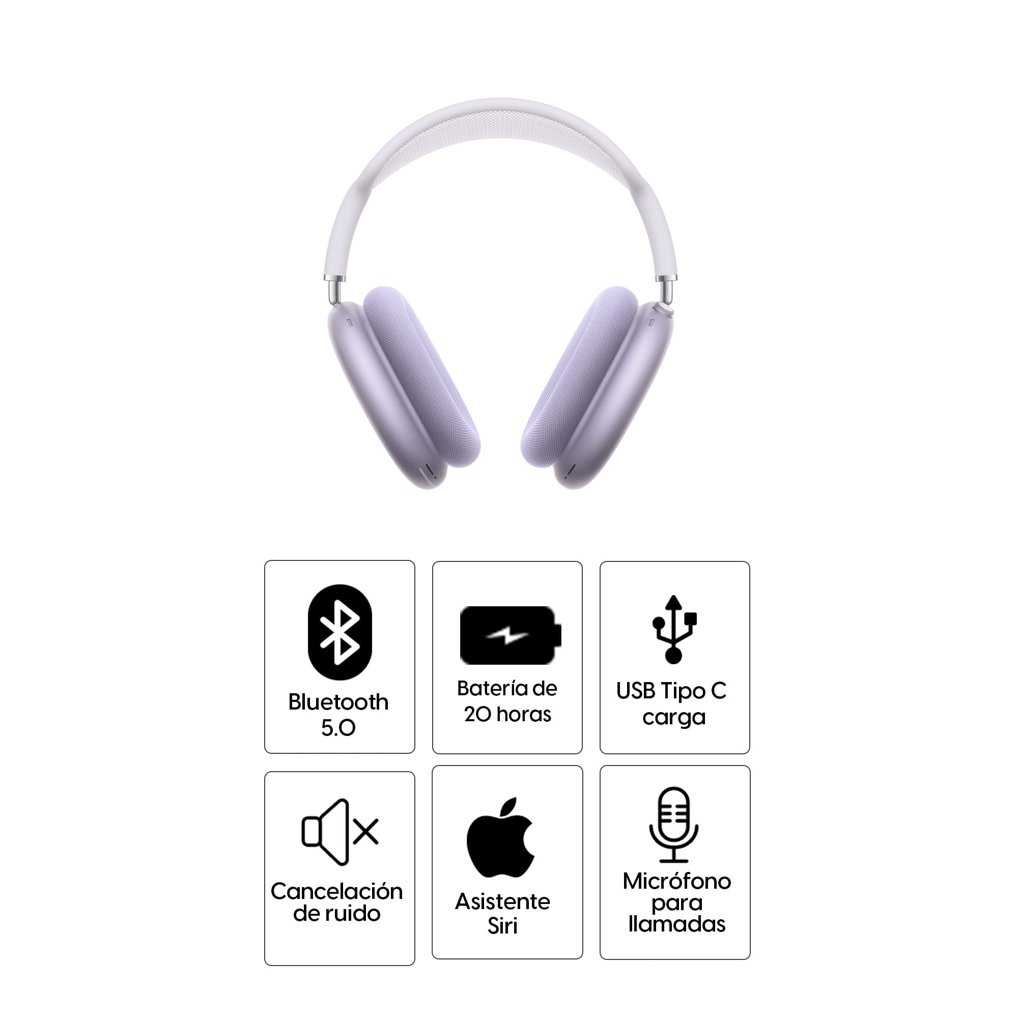 Imagen 2 del producto AirPods Max con cancelación activa de ruido, 20 horas de batería, carga tipo C, diseño on-ear, audio espacial, Purple