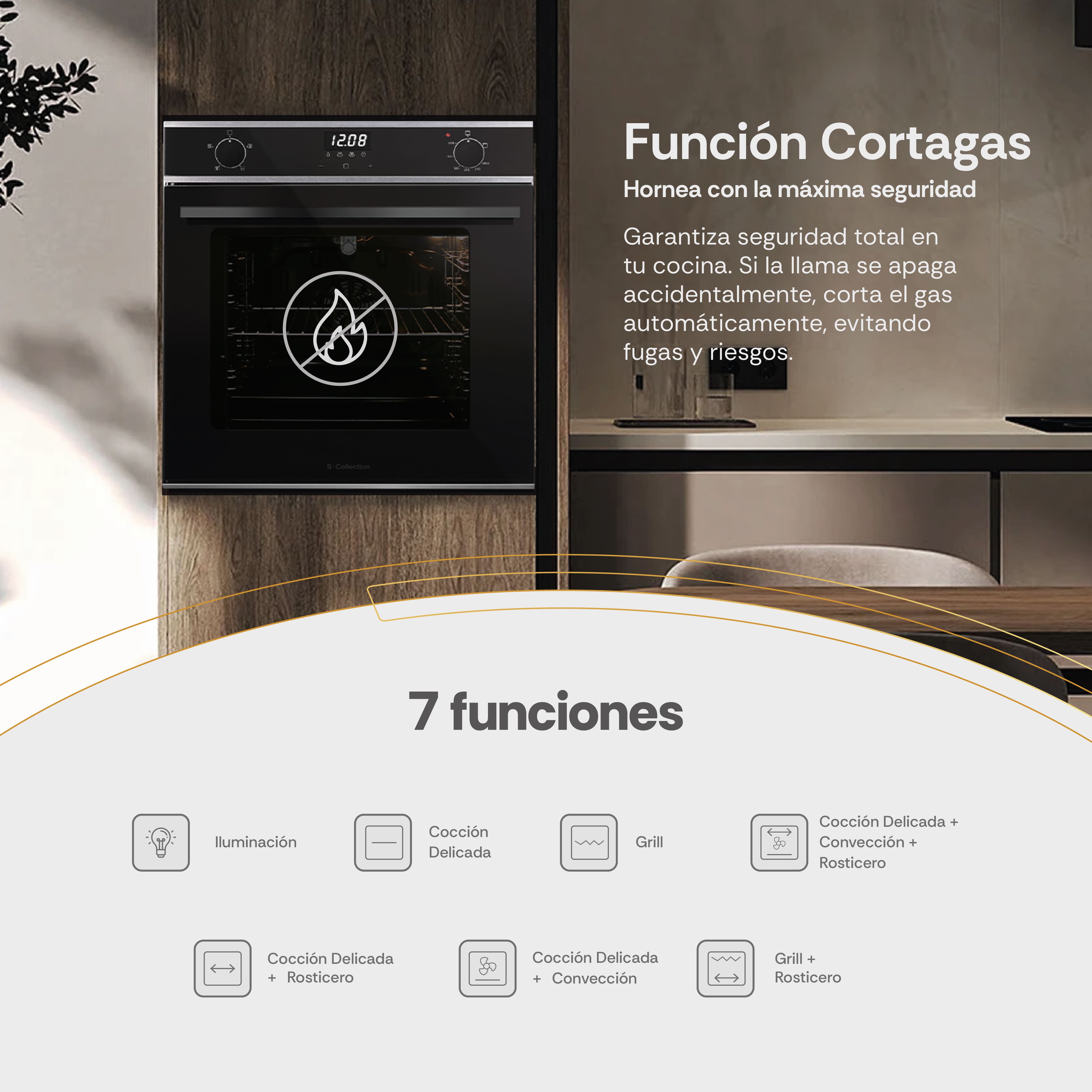 Imagen 2 del producto Horno empotrable S-Collection a Gas, 70L, turbo convección, 7 funciones, panel digital touch + perillas