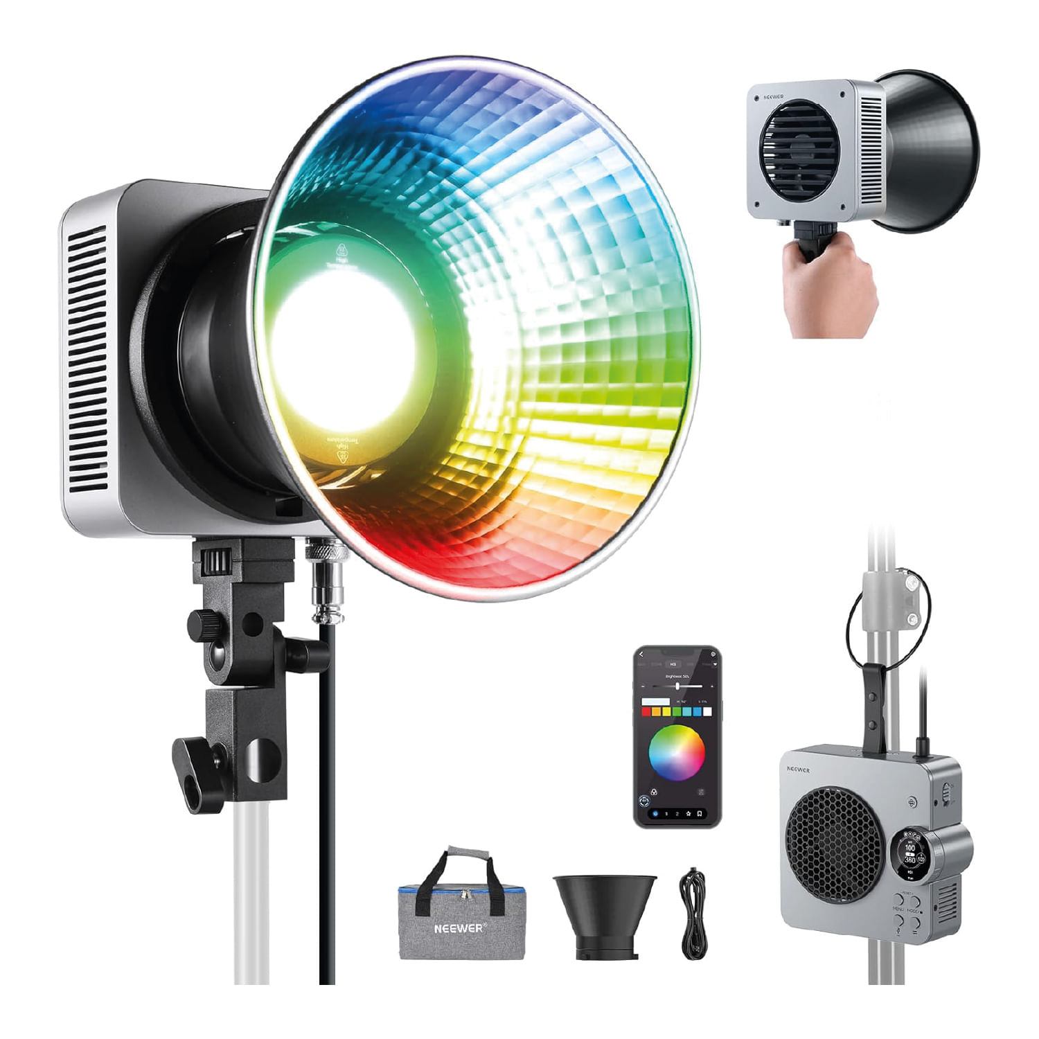Imagen 2 del producto Luz continua Neewer HS200C RGB, LED COB 280W, 45700 lux, CRI 97+, 2700K-6500K, control remoto y app, montura Bowens, negro