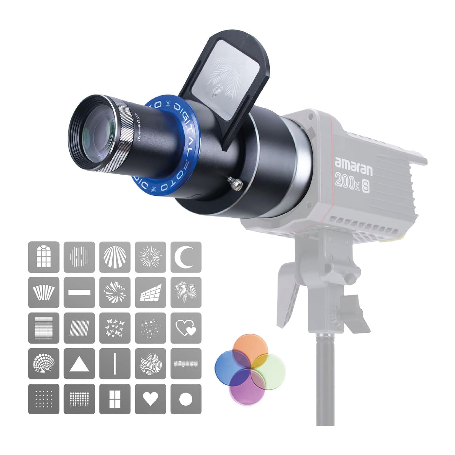 Imagen 2 del producto Snoot óptico DIGITALFOTO FS100, profesional con lente 50mm, 25 gobos metálicos, portafiltros de color, compatible con montura Bowens, negro