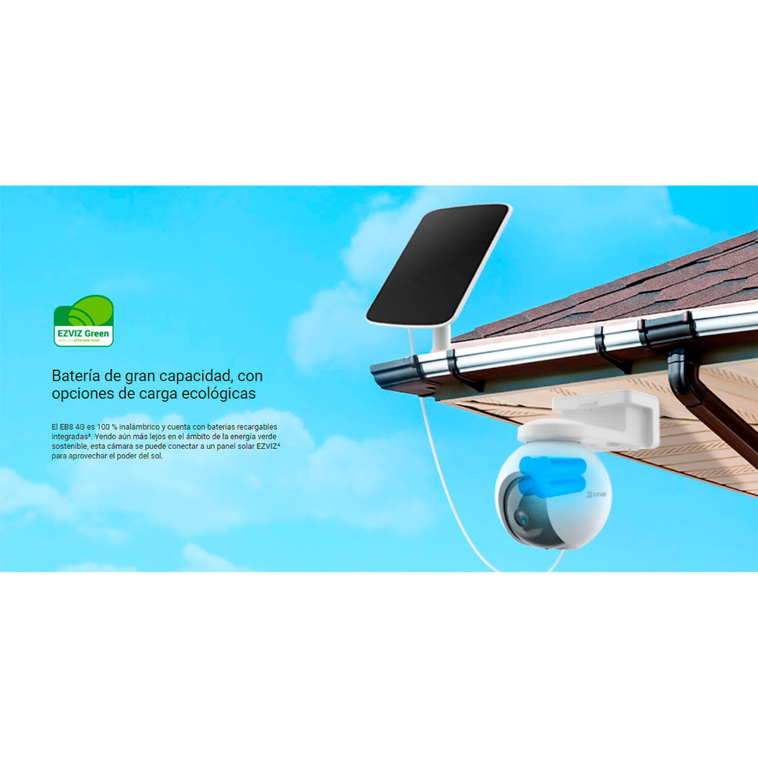 Imagen 2 del producto Cámara seguridad Ezviz EB8 4G 2K exterior, GPS, visión nocturna color 15m, defensa activa, panel solar, SD 256GB, blanco