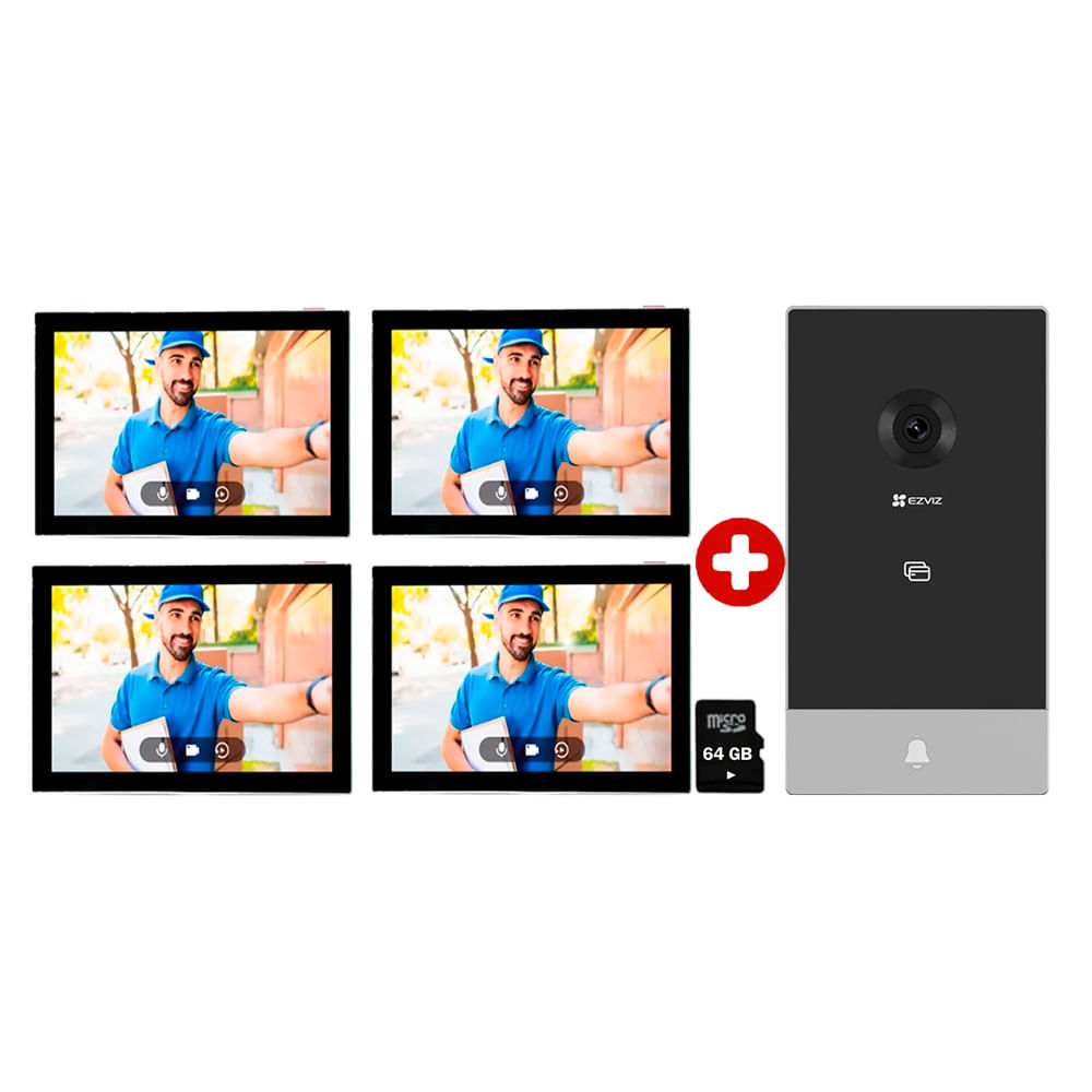 Combo: Videoportero Ezviz HP7 2K exterior, 3 monitores táctiles 7", desbloqueo remoto RFID, visión nocturna, SD 64GB, negro