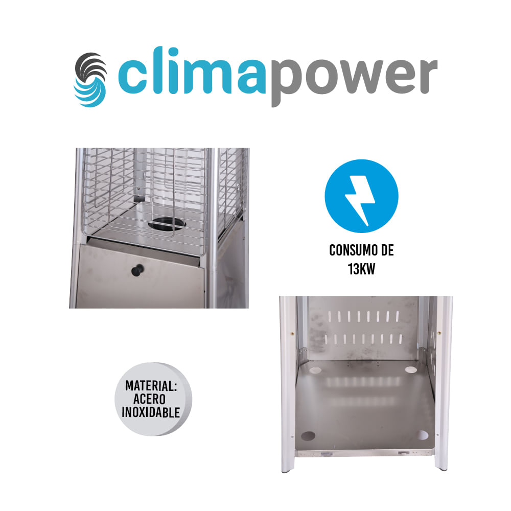 Imagen 2 del producto Calentador de patio tipo pirámide a gas Climapower PWH20, 13000W, acero inoxidable, encendido eléctrico, cobertura 25 m², plateado
