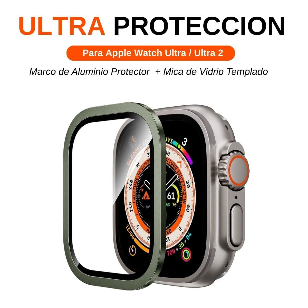 Imagen 2 del producto Protector de pantalla metal y mica de vidrio para Apple Watch Ultra Classic, verde