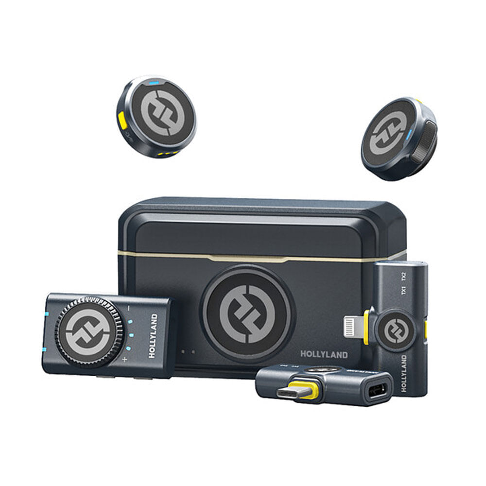 Micrófono inalámbrico Hollyland LARK M2 DUO, 2.4GHz, 2 transmisores, receptores Lightning y USB-C, estuche carga, negro