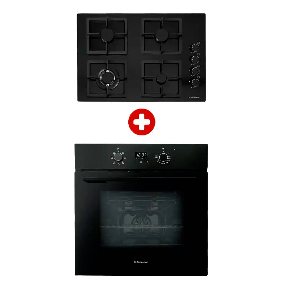 Combo: Encimera Glass 60cm a gas 4 quemadores + horno empotrable eléctrico 56L, con grill y turbo convección, negro
