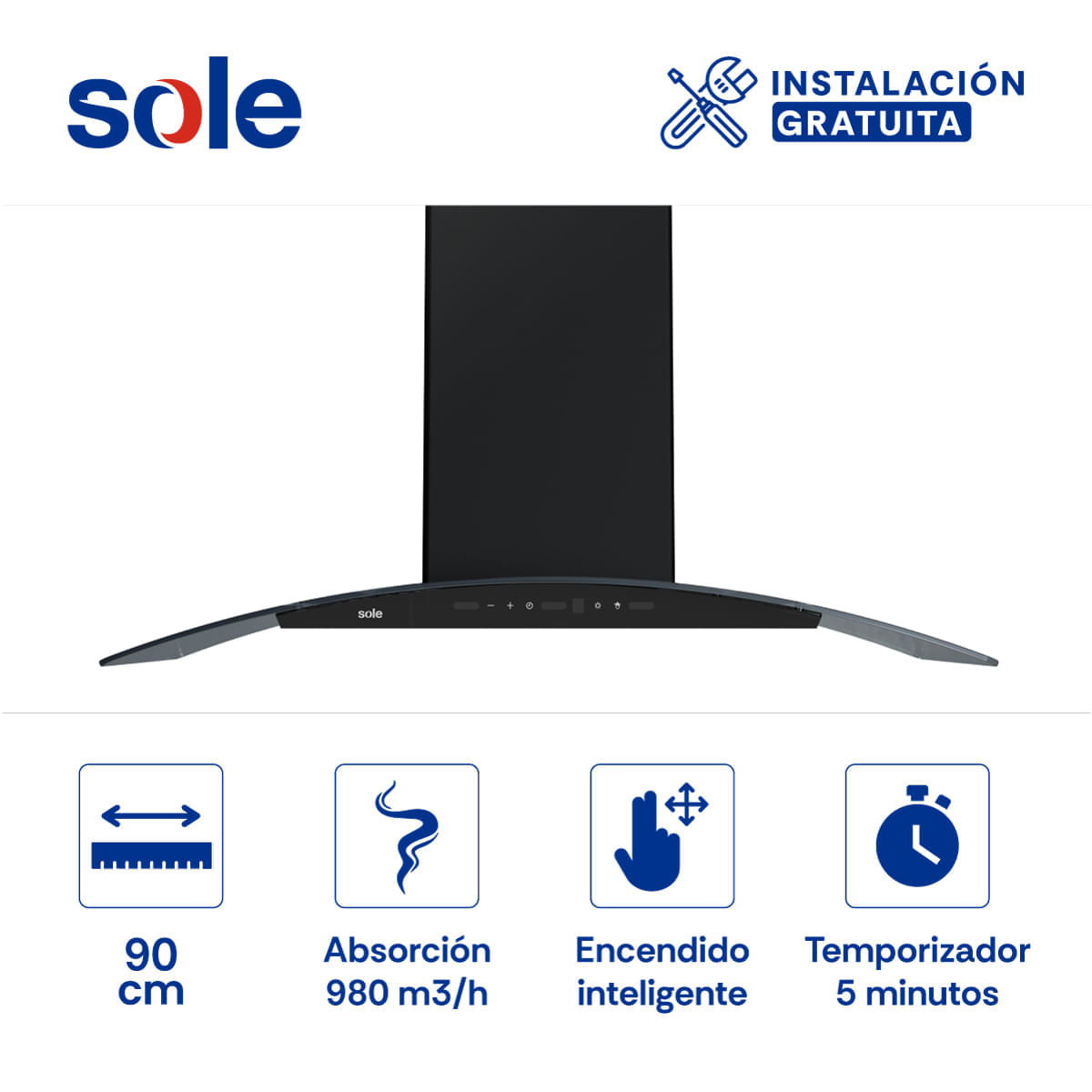 Imagen 2 del producto Campana decorativa Sole Venus Ink 90cm, 980 m³/h, Touch Free, 4 niveles, Booster, LED, negro