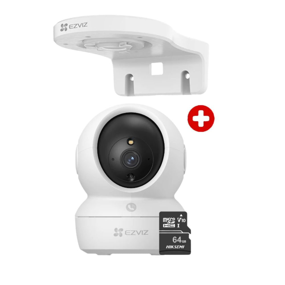 Cámara de seguridad Ezviz H6C 2K 3MP Wi-Fi, visión panorámica, IA, audio bidireccional, soporte de montaje y microSD 64GB, blanco