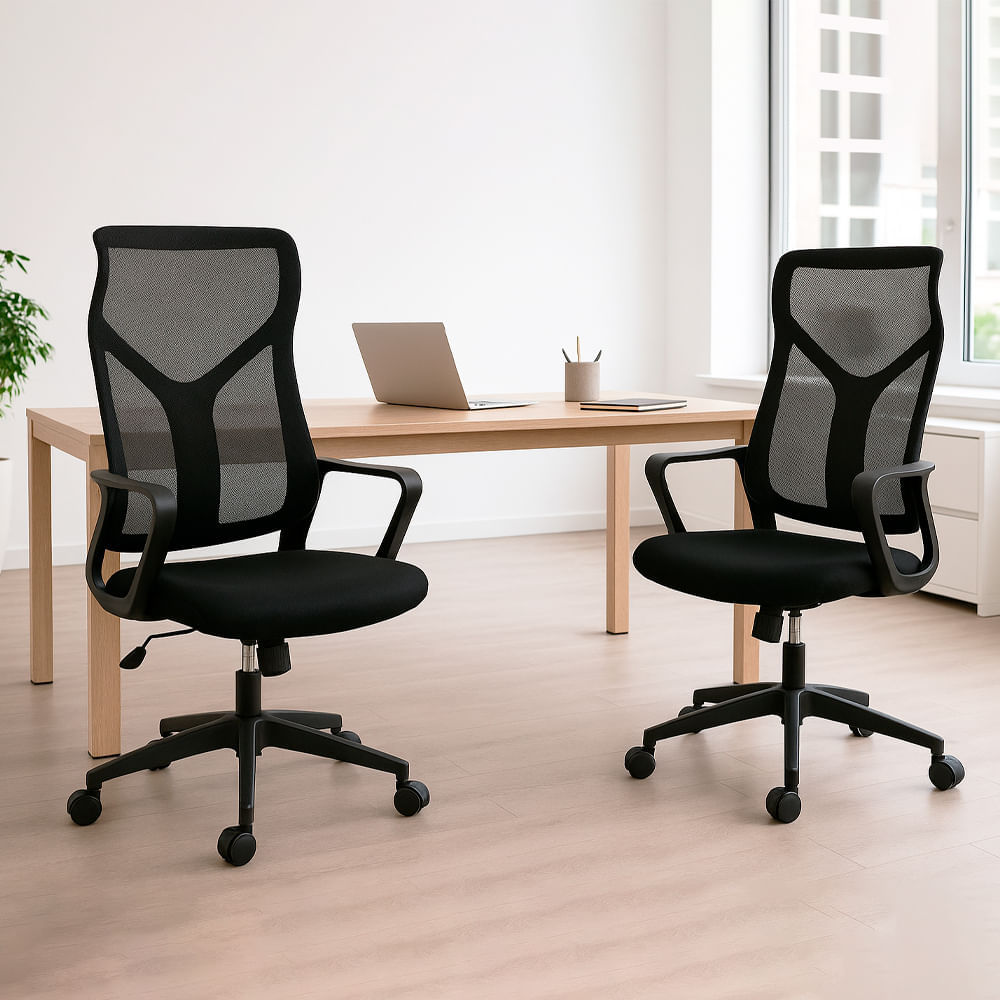 Imagen 2 del producto Combo: 2 Sillas ergonómicas Komsum Lyon, respaldo malla transpirable, estructura polipropileno + metal, sistema de balanceo, negro