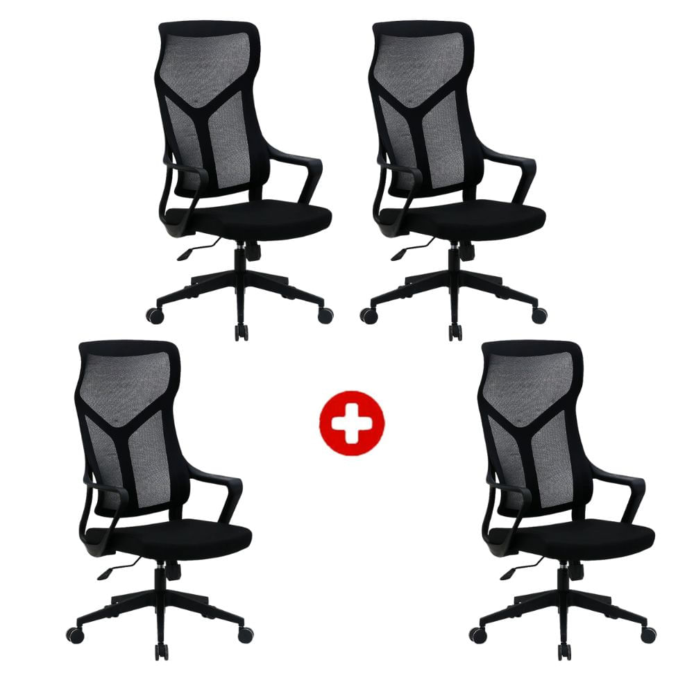 Combo: 4 Sillas ergonómicas Komsum Lyon, respaldo malla transpirable, estructura metálica + polipropileno, mecanismo de balanceo, negro