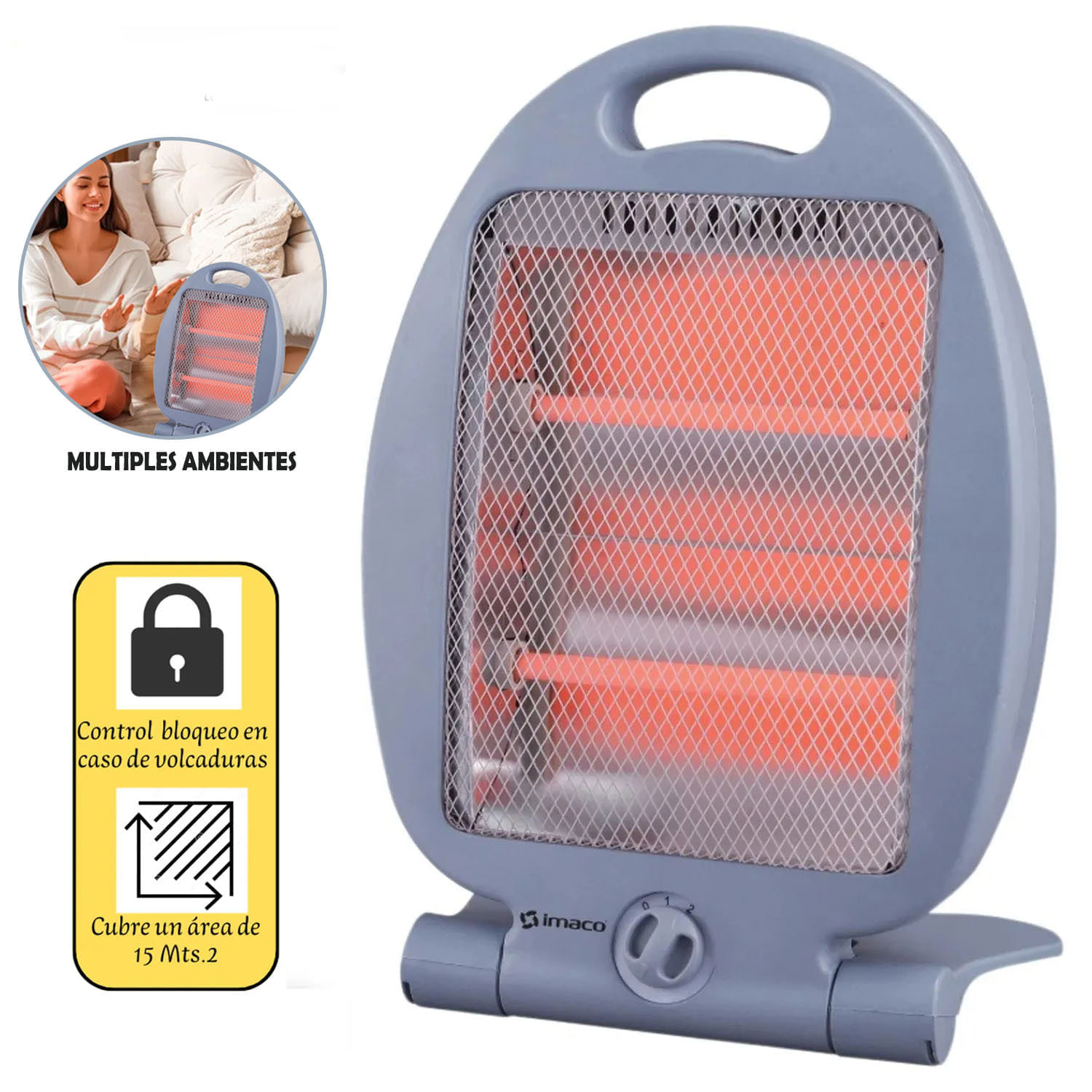 Imagen 2 del producto Estufa de cuarzo Imaco QH2000, 800W, 2 niveles de calor, cabezal ajustable, antivuelco, rayos infrarrojos, gris