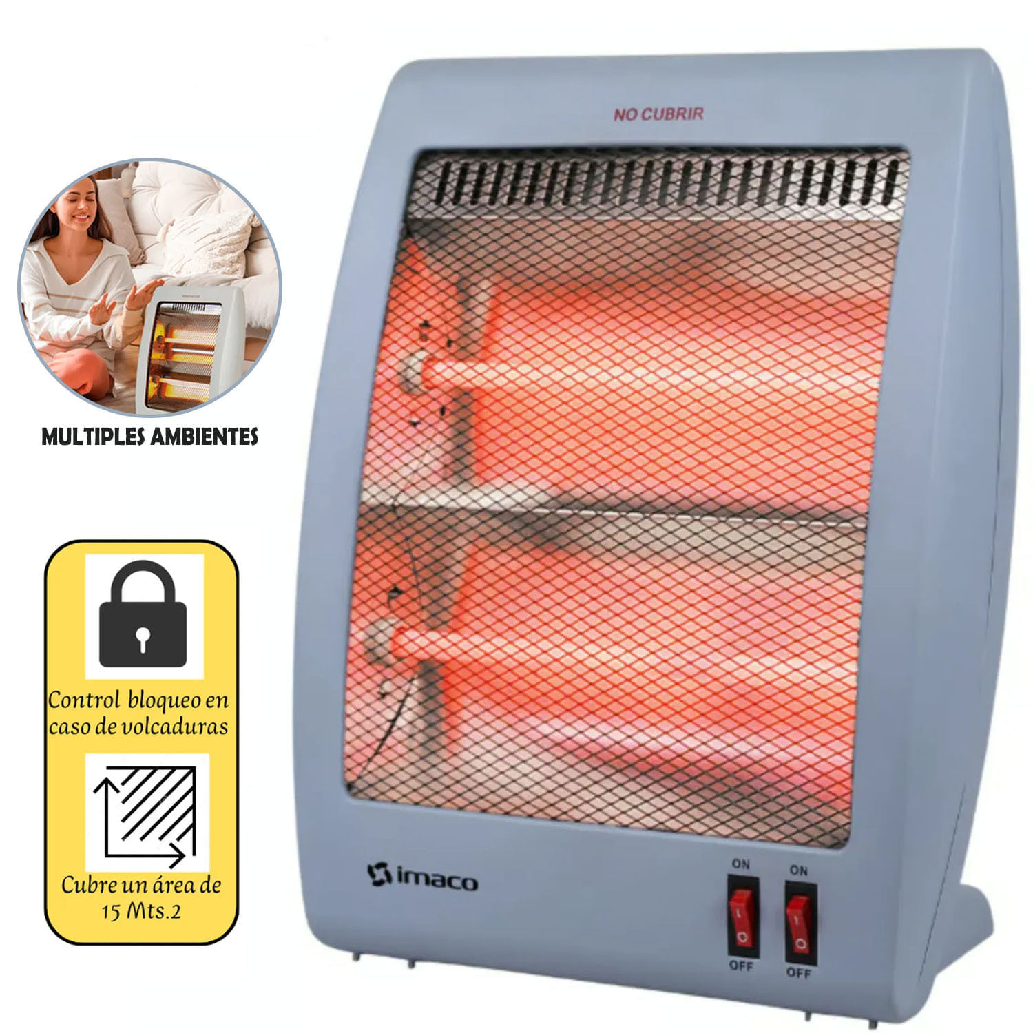 Imagen 2 del producto Estufa de cuarzo Imaco QH800, 800W, 2 niveles de calor, malla de protección, portátil, práctica y eficiente, gris