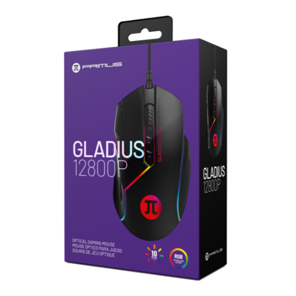 Mouse gamer Primus Gladius 12800P USB, inlámbrico, 12800 DPI, 8 botones, retroiluminación RGB, Interruptores Omron, cable trenzado, negro