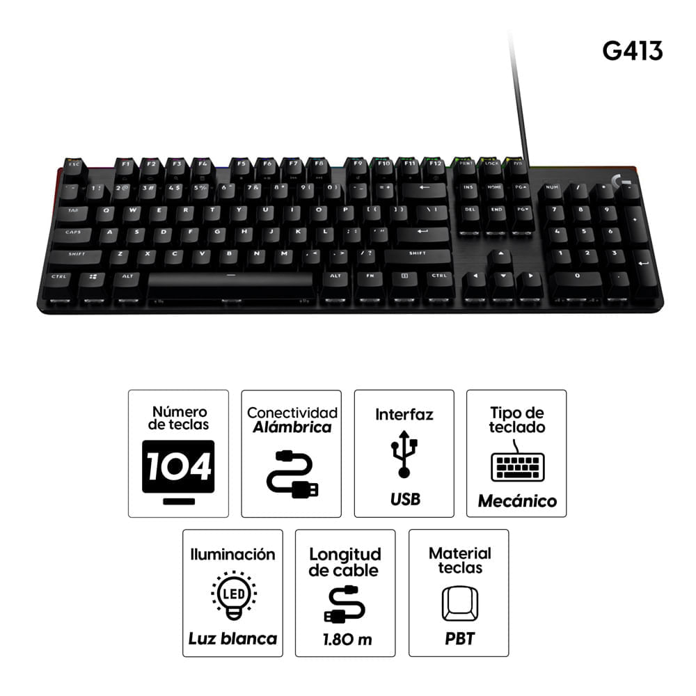 Imagen 2 del producto Teclado gamer alámbrico Logitech G G413 SE, conexión USB, mecánico, idioma español, negro