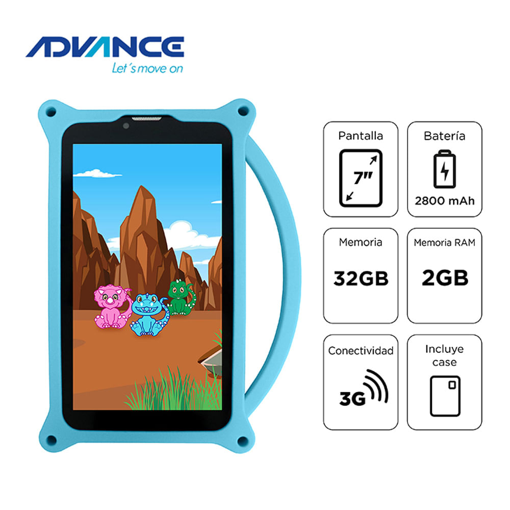 Imagen 2 del producto Tablet Advance TR6955 Kids 7"" 3G, 2GB RAM, 32GB almacenamiento, procesador Quad-Core, Wi-Fi, bluetooth, cámara dual, Batería 2800 mAh, cover azul