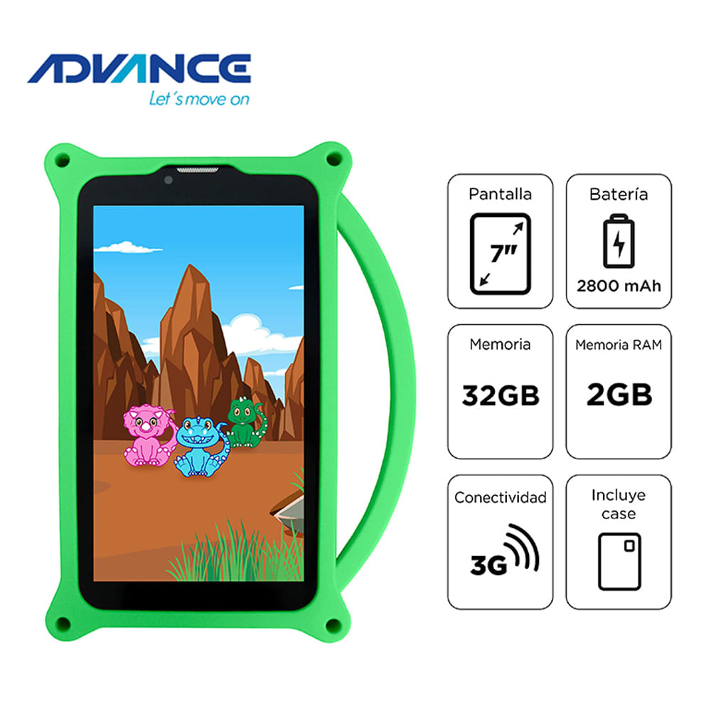 Imagen 2 del producto Tablet Advance TR6955 Kids 7"" 3G, 2GB RAM, 32GB almacenamiento, procesador Quad-Core, Wi-Fi, bluetooth, cámara dual, Batería 2800 mAh, cover verde