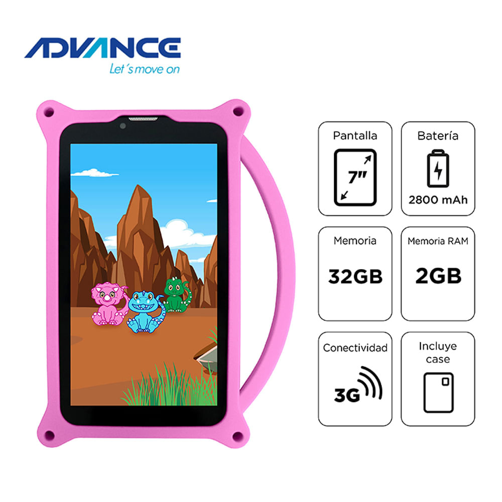 Imagen 2 del producto Tablet Advance TR6955 Kids 7"" 3G, 2GB RAM, 32GB almacenamiento, procesador Quad-Core, Wi-Fi, bluetooth, cámara dual, Batería 2800 mAh, cover rosado