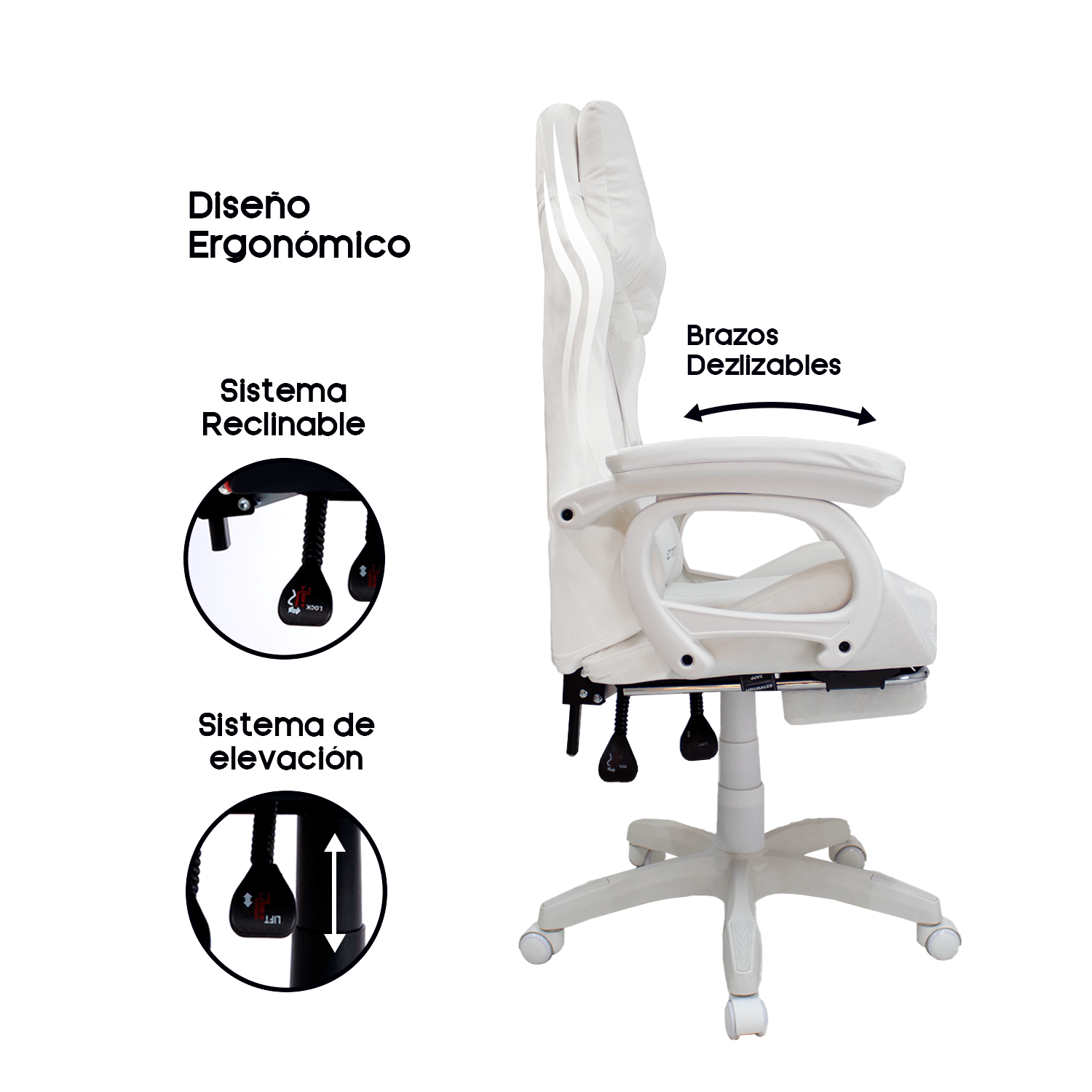 Imagen 2 del producto Silla gamer Extingtion Sapp, ergonómica, reclinable 135°, cojín lumbar y cervical, reposapiés, altura ajustable, blanco