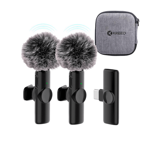 Micrófono solapero inalámbrico KREED K11 dual tipo C, cancelación de ruido, 2 micrófonos con filtro antiviento, negro
