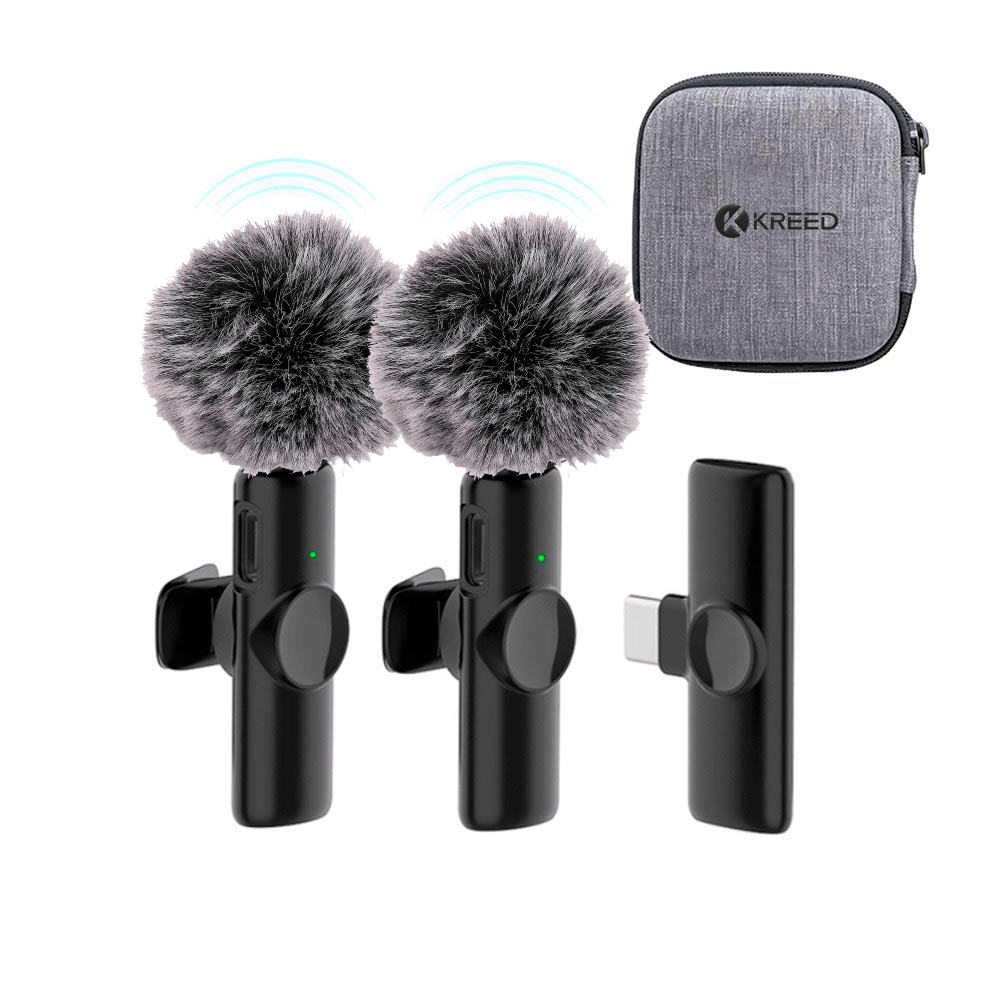 Micrófono solapero inalámbrico KREED K11 dual tipo C, cancelación de ruido, 2 micrófonos con filtro antiviento, negro