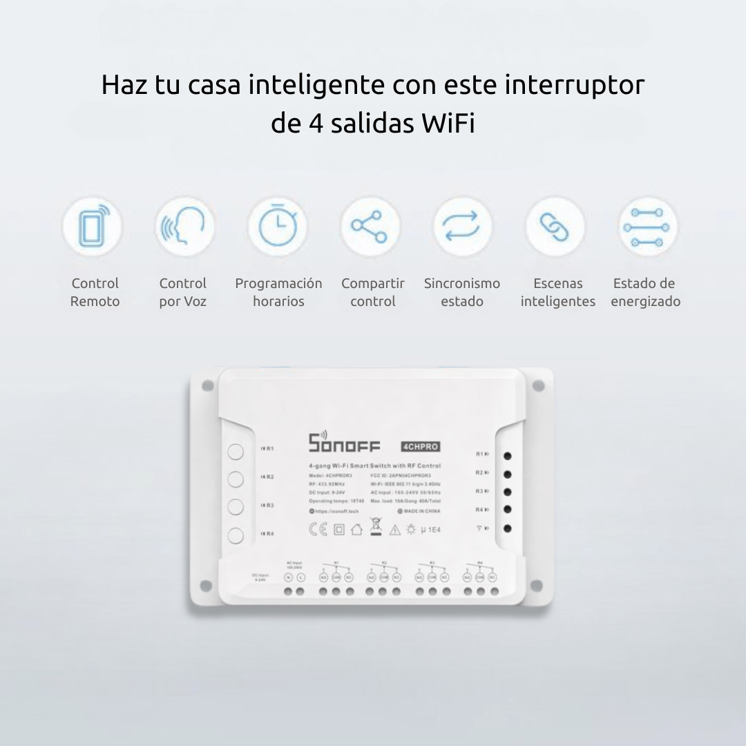 Imagen 2 del producto Interruptor inteligente Wi-Fi SONOFF 4CHPROR3, 4 canales con contacto seco, 10A por canal, control por voz Alexa y Google, blanco