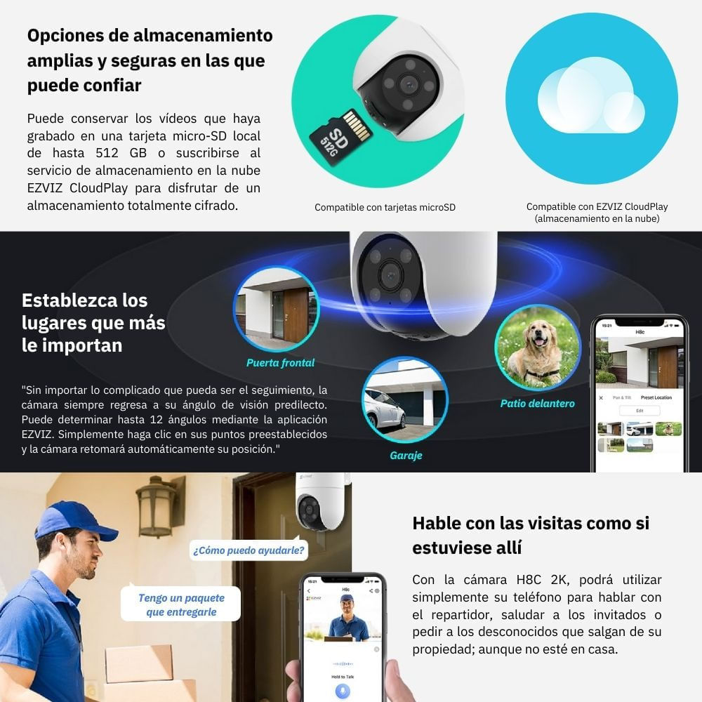 Imagen 2 del producto Cámara de seguridad exterior Ezviz H8C Full HD, visión 360°, detección inteligente, audio bidireccional y defensa activa, blanco