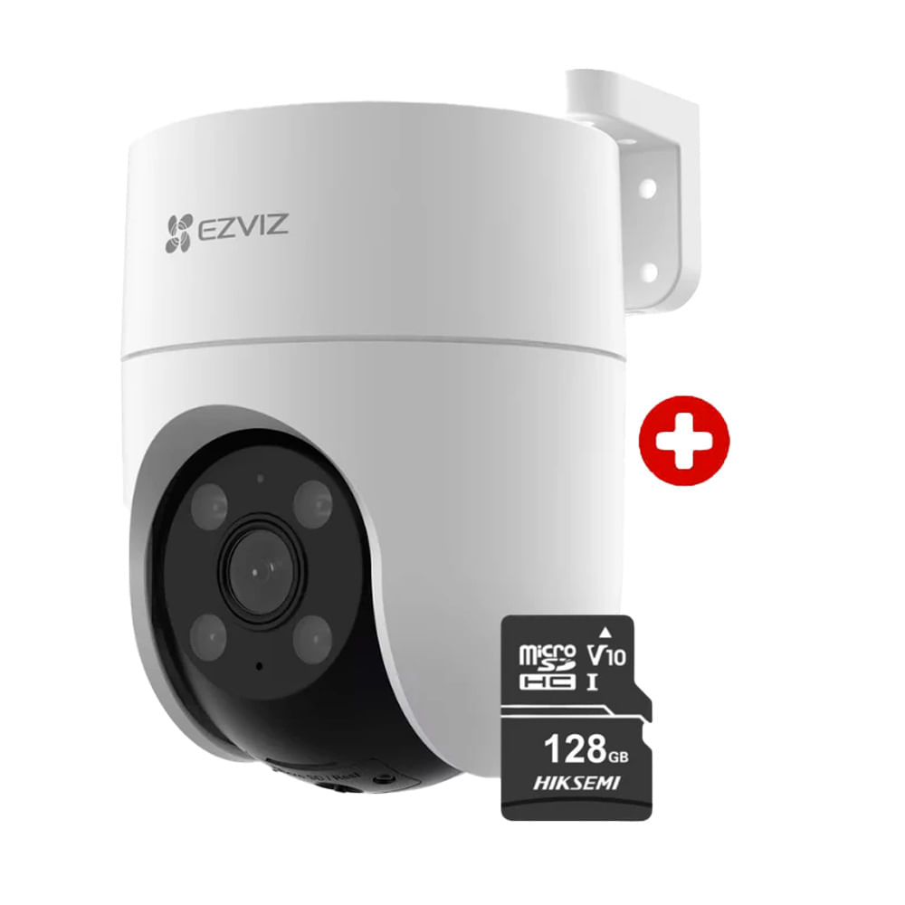 Cámara de seguridad exterior Ezviz H8C 2K 3MP, visión 360°, defensa activa, audio bidireccional y micro SD 128GB, blanco