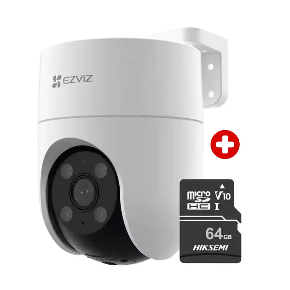 Cámara de seguridad exterior Wi-Fi Ezviz H8C Full HD, visión 360°, detección inteligente, defensa activa y micro SD 64GB, blanco