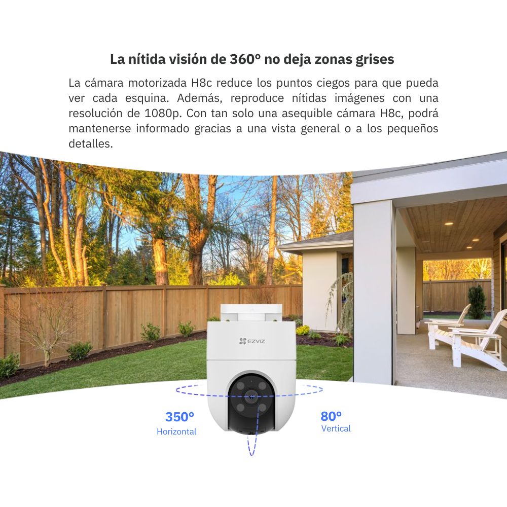 Imagen 2 del producto Cámara de seguridad exterior Wi-Fi Ezviz H8C Full HD, visión 360°, detección inteligente, defensa activa y micro SD 64GB, blanco