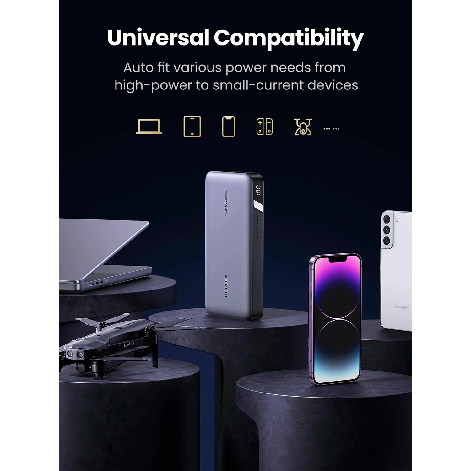 Imagen 2 del producto Powerbank UGREEN 25000mAh con carga rápida 145W, 3 puertos USB-C/A, recarga en 2 horas