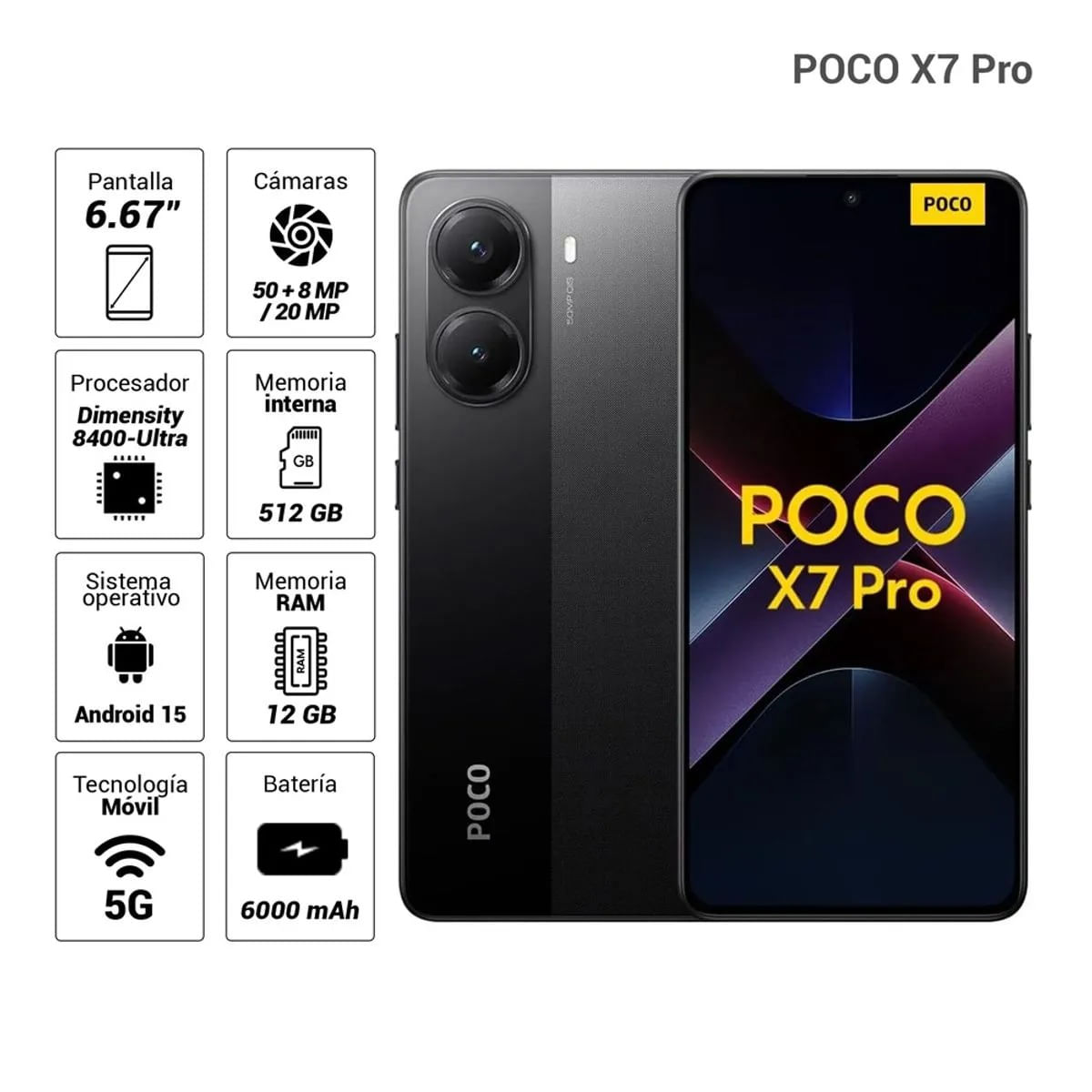 Imagen 2 del producto Celular Xiaomi Poco X7 Pro 5G 512GB, 12GB RAM, cámara trasera 50MP y frontal 20MP, 6.67"", negro