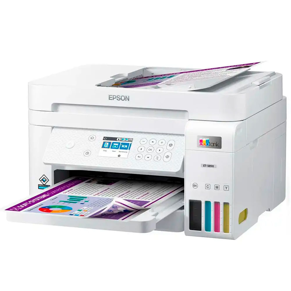 Impresora Epson multifuncional Ecotank ET-3850 inalámbrica, Wi-Fi, pantalla 2.4'', sin cartuchos, blanco