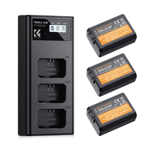 K&F Concept KF28.0037, cargador triple con pantalla LCD y 3 baterías NP-FW50 1100mAh para cámaras Sony, negro