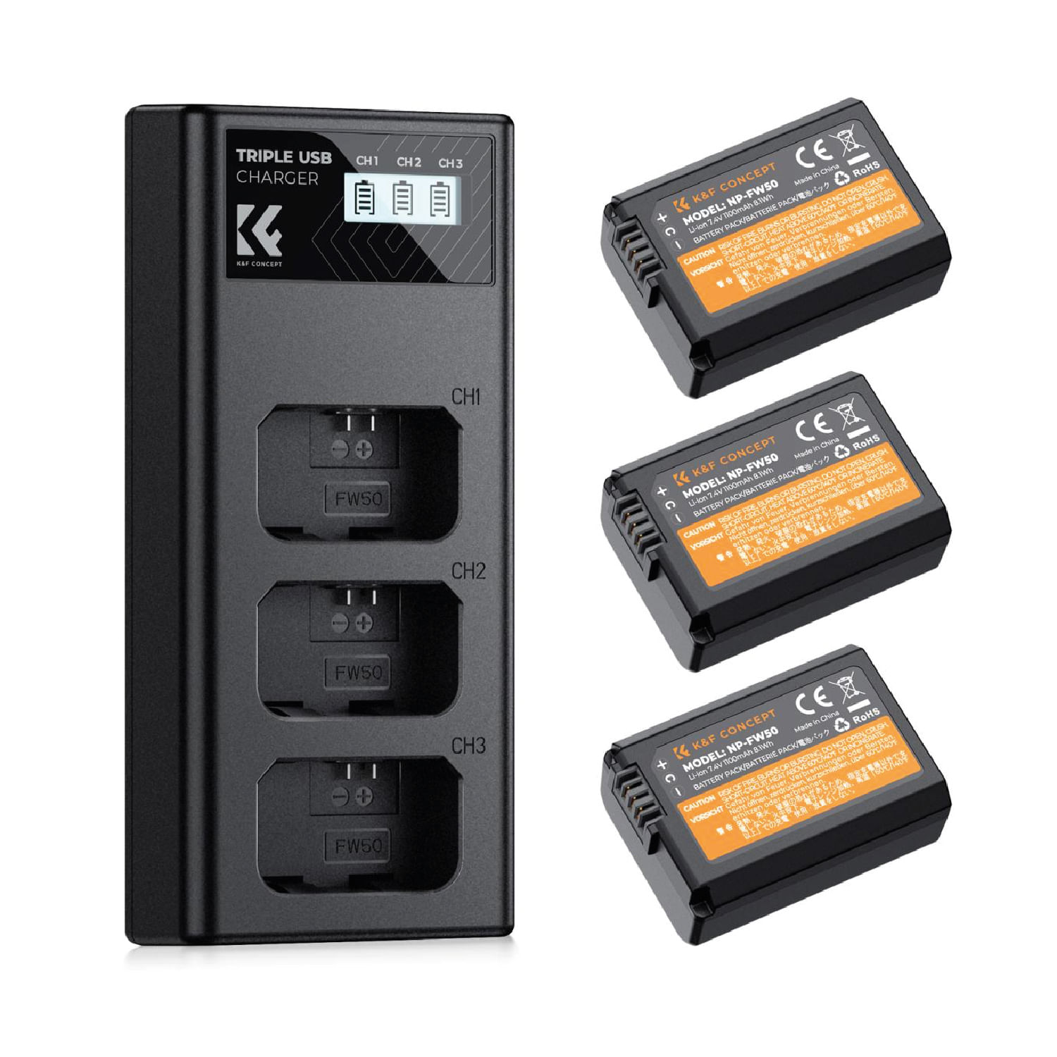 K&F Concept KF28.0037, cargador triple con pantalla LCD y 3 baterías NP-FW50 1100mAh para cámaras Sony, negro