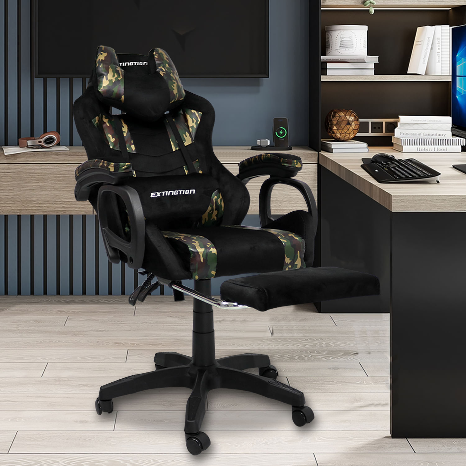 Imagen 2 del producto Silla gamer Extingtion Sapp camuflaje, reclinable 135°, soporte lumbar, posapiés retráctil, altura regulable y base de nylon PU