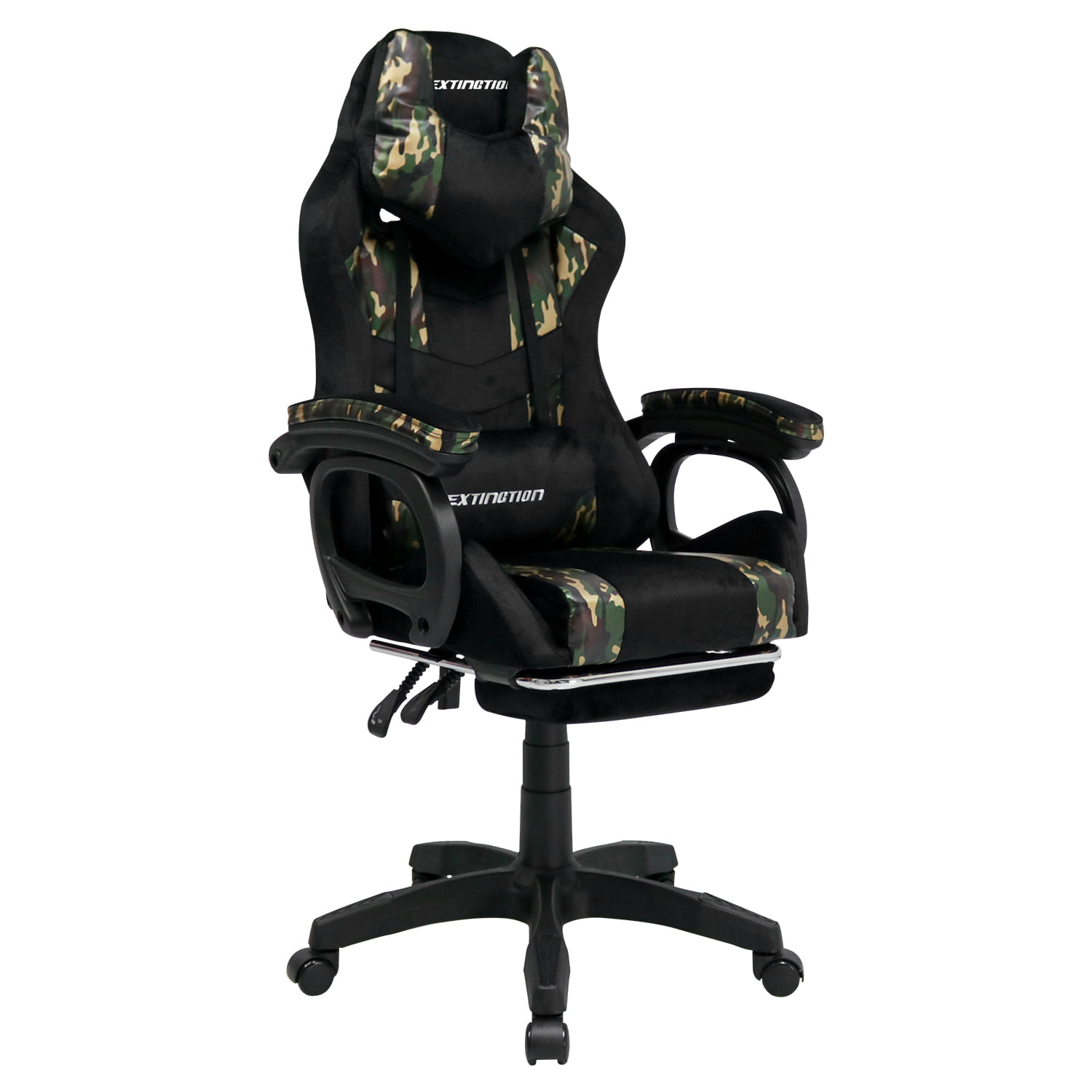 Silla gamer Extingtion Sapp camuflaje, reclinable 135°, soporte lumbar, posapiés retráctil, altura regulable y base de nylon PU