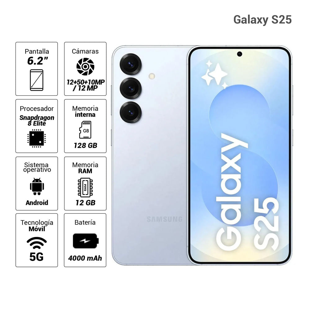 Imagen 2 del producto Celular Samsung Galaxy S25 5G 128GB, 12GB RAM, cámara trasera 50MP y frontal 12MP, 6.2'', azul claro