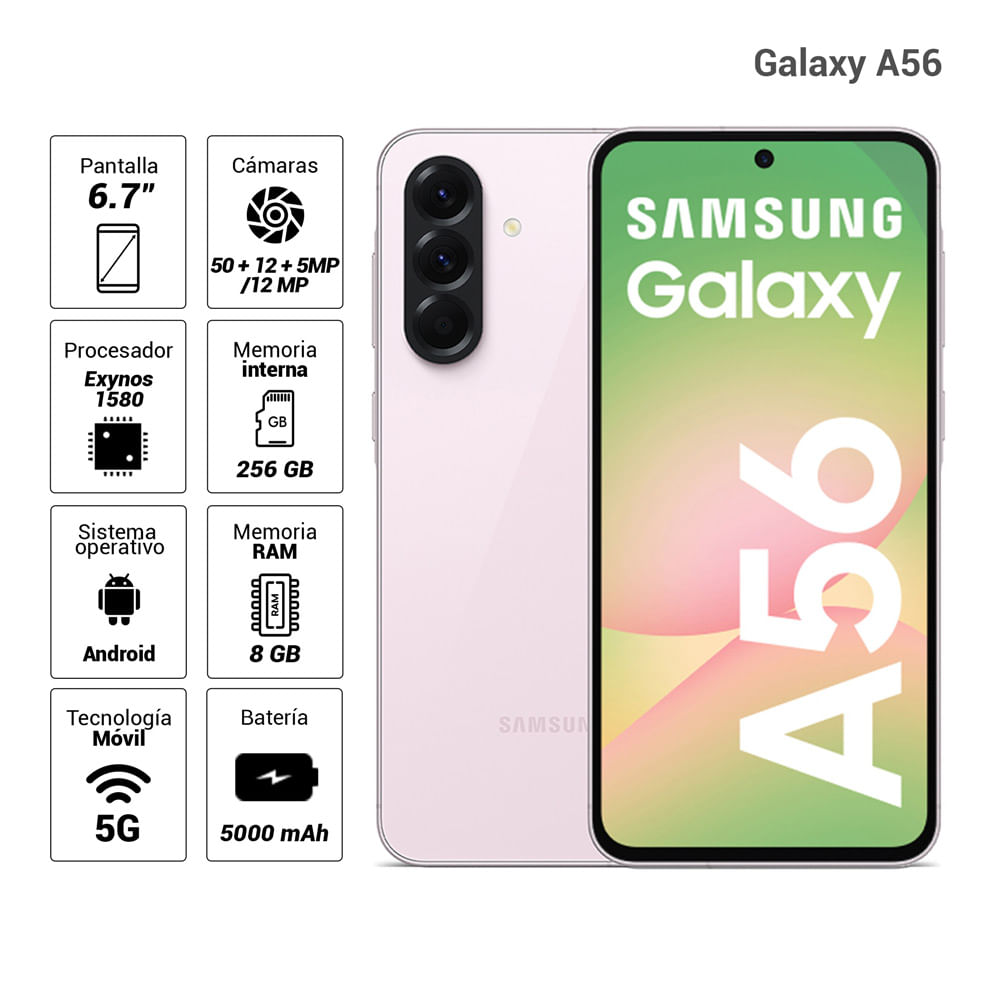 Imagen 2 del producto Celular Samsung Galaxy A56 5G 256GB, 8GB RAM, cámara trasera 50MP y frontal 12MP, 6.7"", rosado