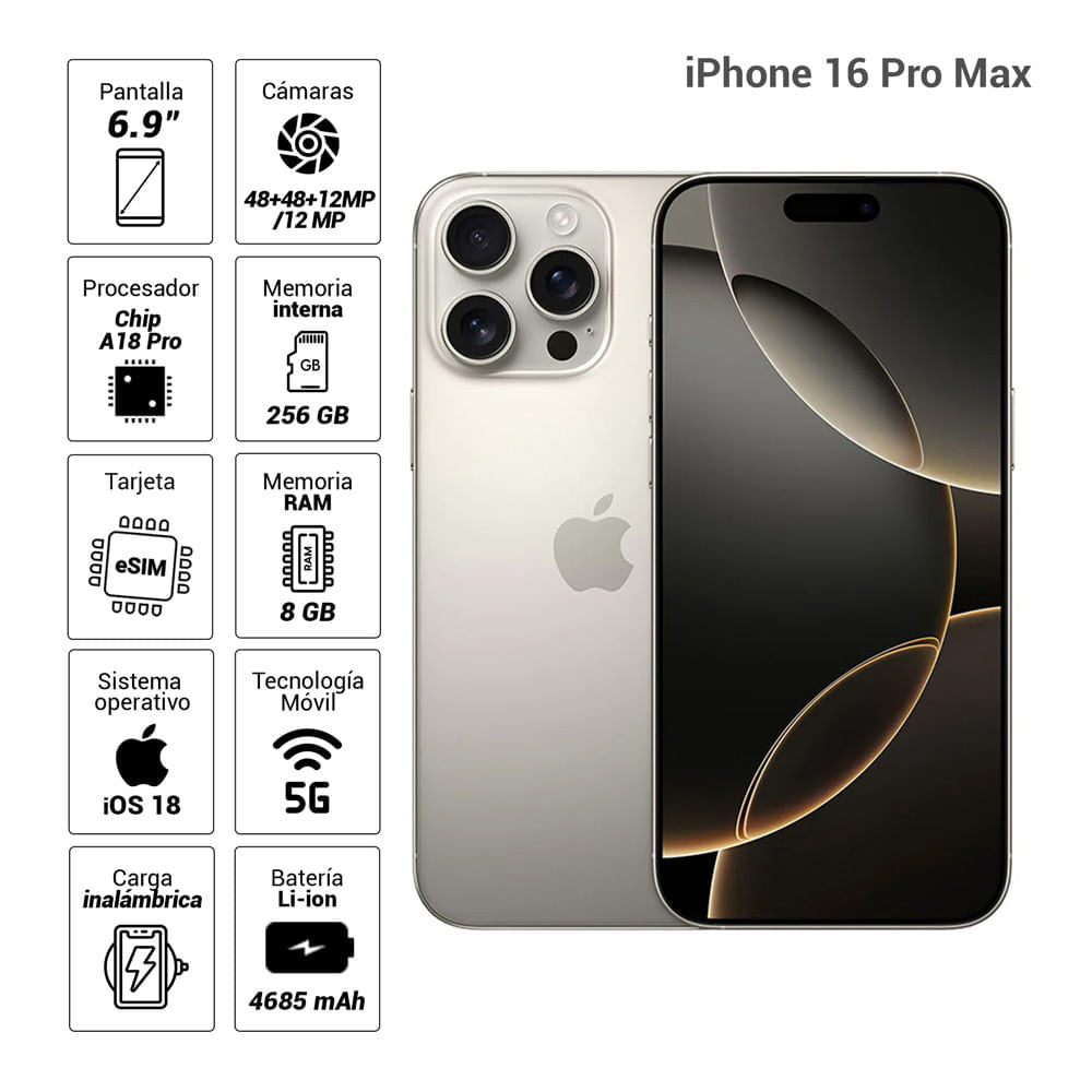 Imagen 2 del producto iPhone 16 Pro Max 5G eSIM 256GB, 8GB RAM, cámara trasera 48MP y frontal 12MP, 6.9"", Natural-Titanium