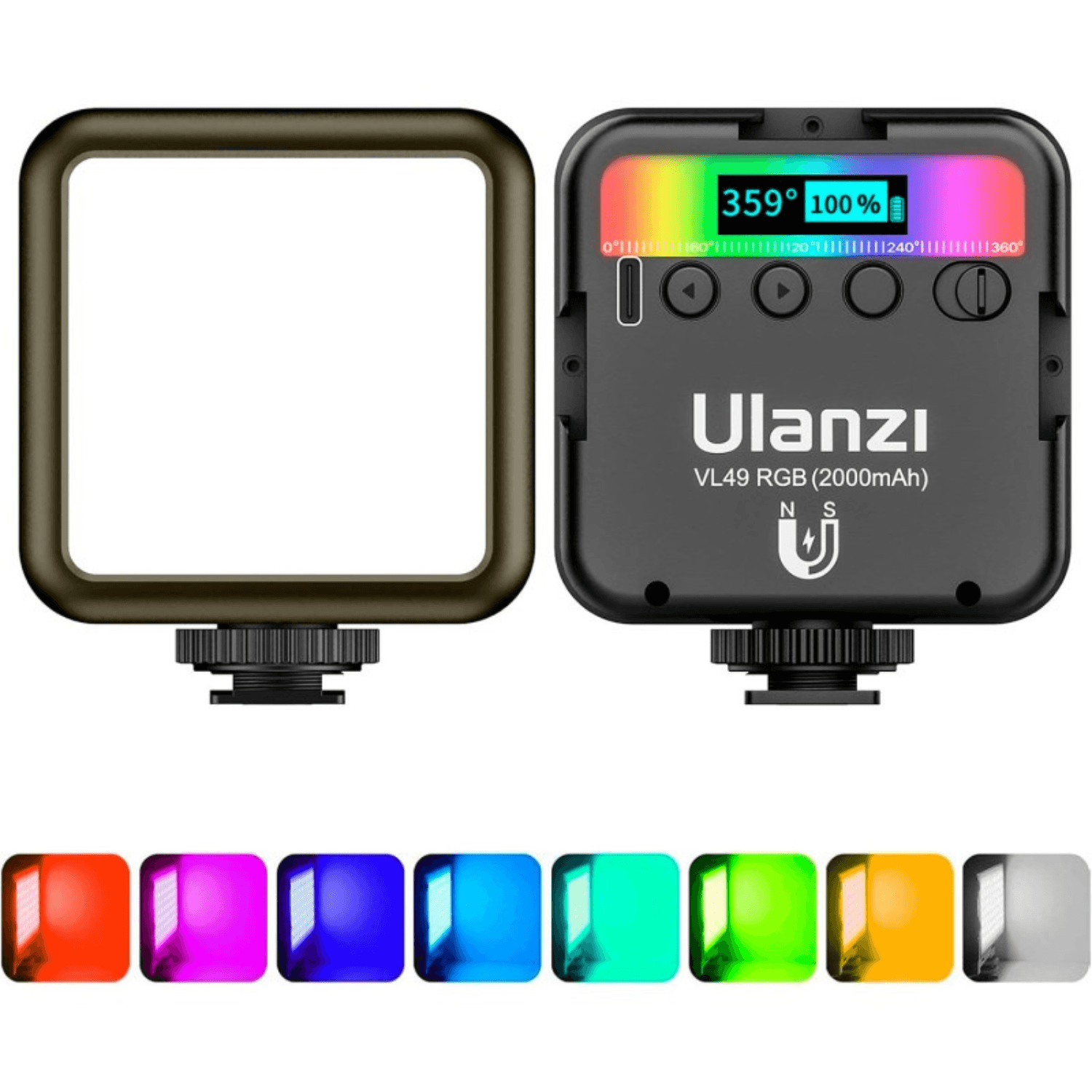 Imagen 2 del producto Luz LED Ulanzi VL49 RGB, 359 colores, pantalla LCD, brillo regulable, batería 2000mAh, 13 efectos, magnética, compacta, negro