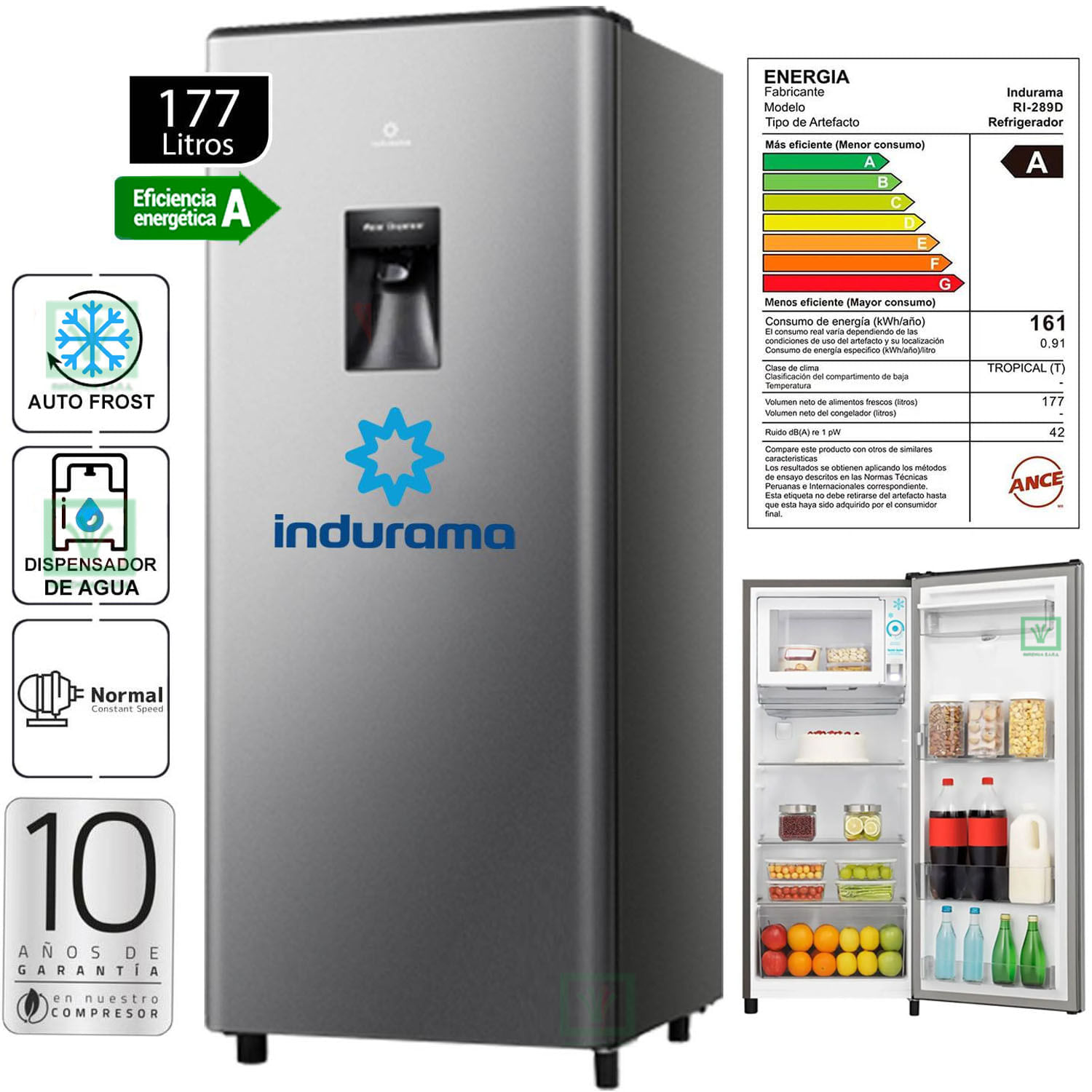Imagen 2 del producto Refrigeradora Indurama RI-289D Croma 177L, AutoFrost, 1 puerta, eficiencia A, dispensador de agua 2L, luz LED, color inox