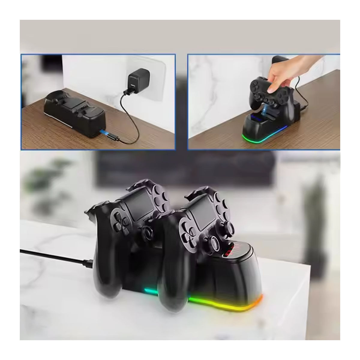 Imagen 2 del producto Cargador doble para mandos PS4, carga rápida con luz LED indicadora, compatible con PS4, PS4 Slim y PS4 Pro, negro