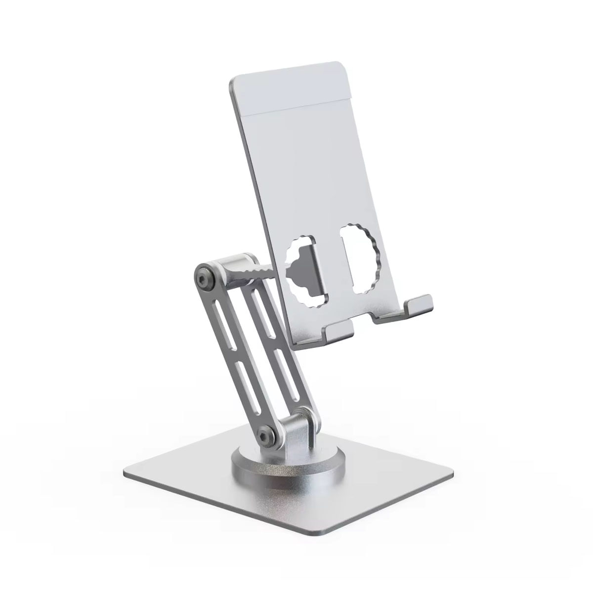 Soporte de aluminio premium para teléfono y tablet 8", rotación 360°, base antideslizante y altura regulable, gris