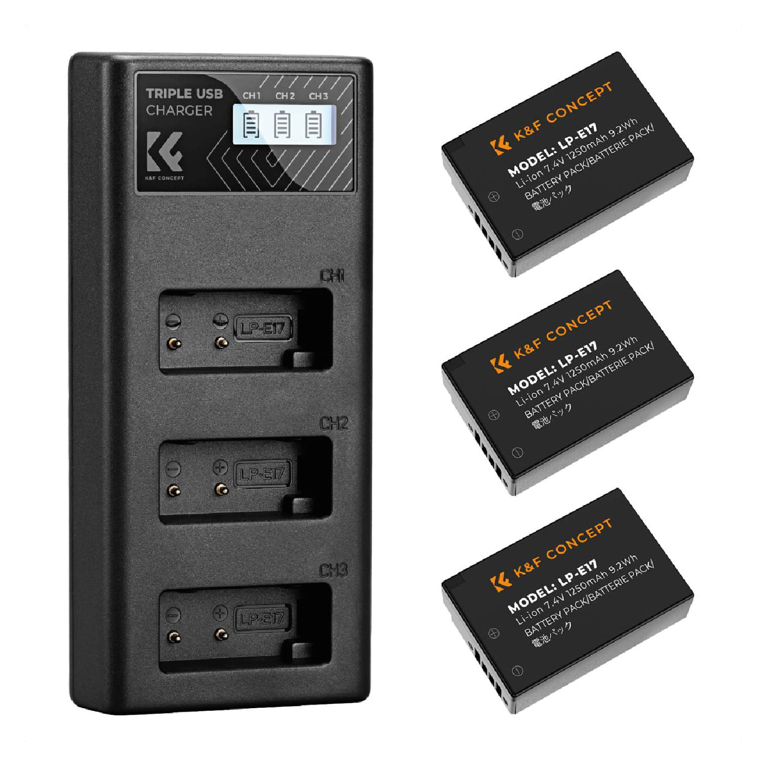 Imagen 1 del producto Kit K&F Concept KF28.0052 con 3 baterías LP-E17 y cargador triple LCD para Canon EOS RP, R8, R10, R50 y Rebel