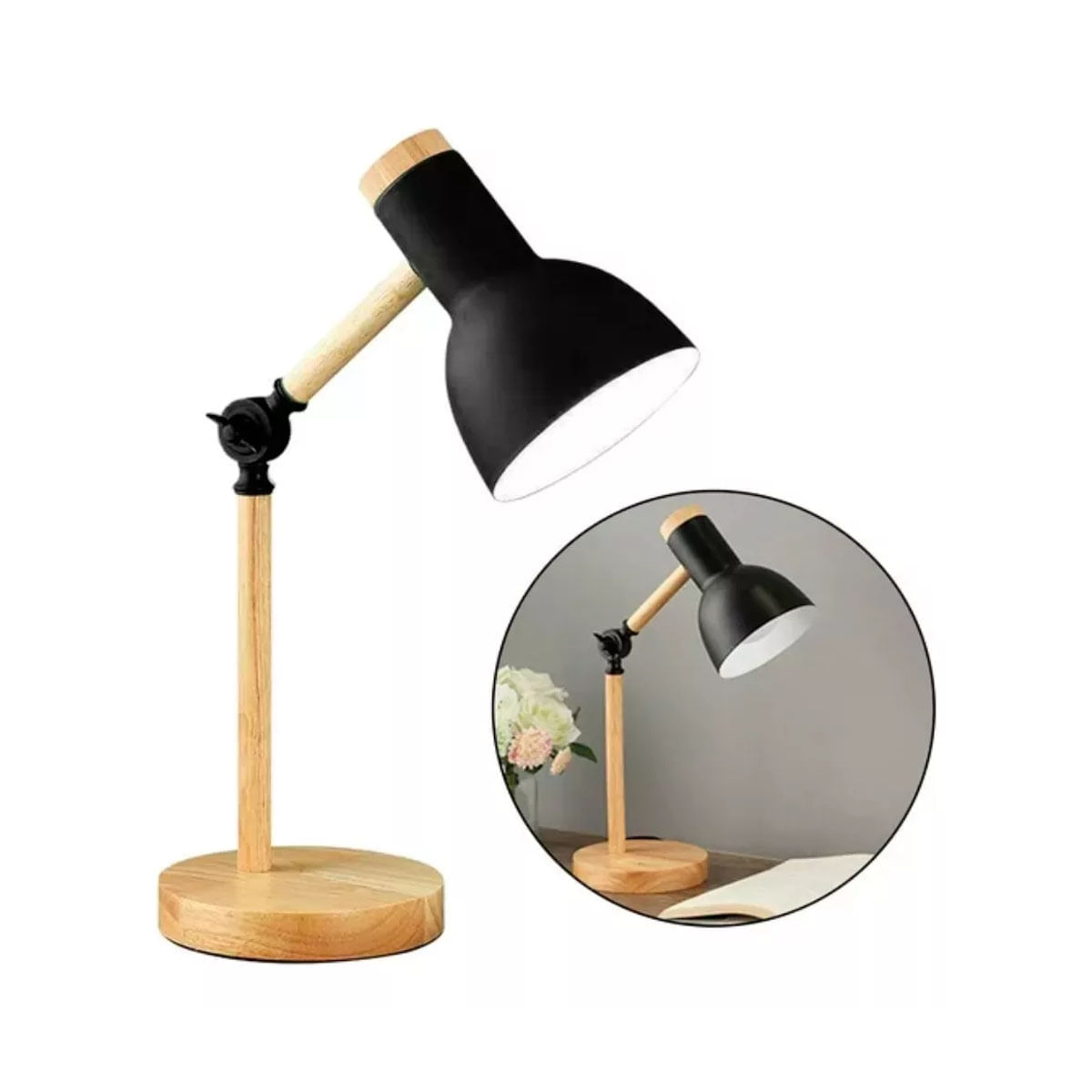 Imagen 2 del producto Lámpara de escritorio moderna con base de madera, cuerpo metálico, luz suave y diseño portátil para oficina y hogar, negro