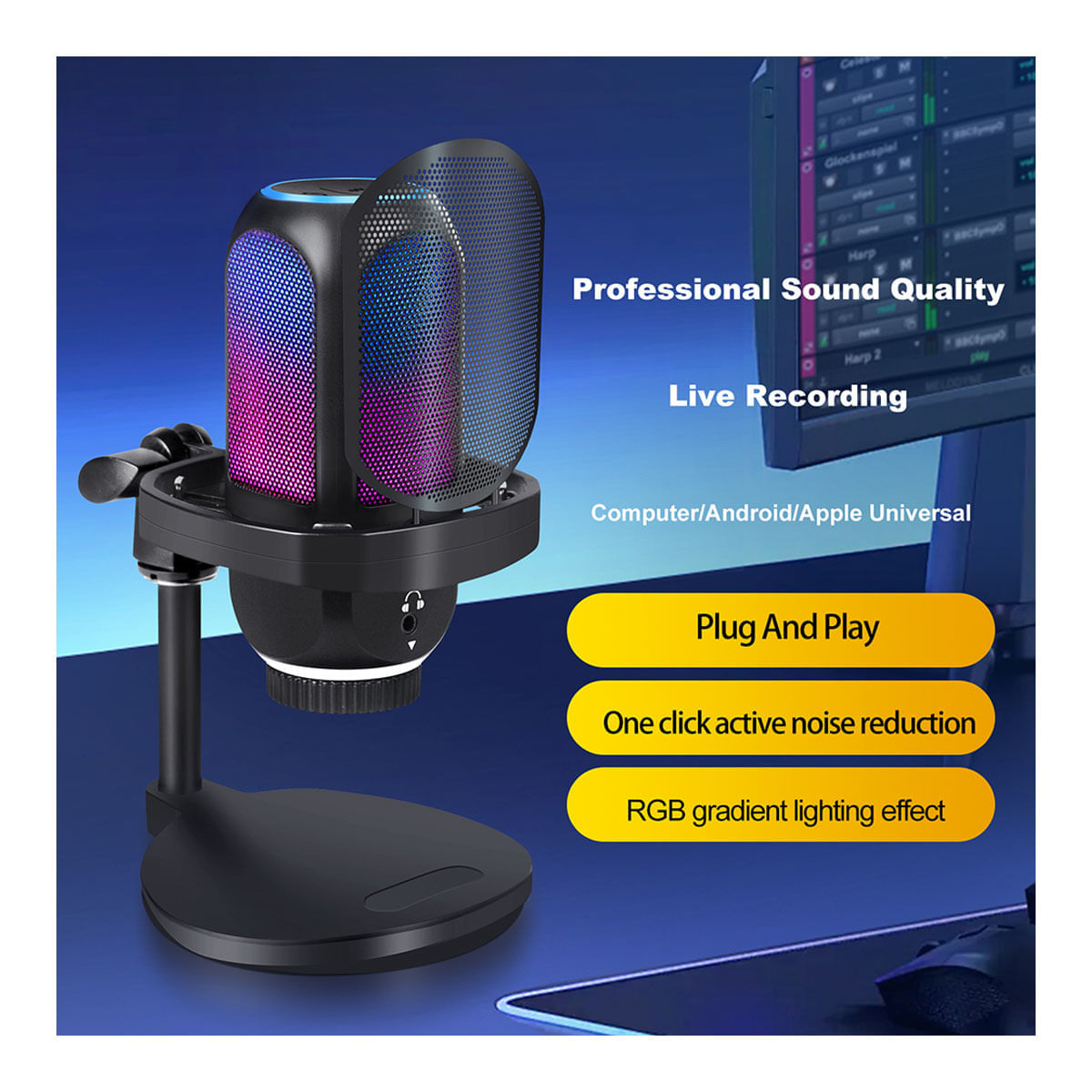 Imagen 2 del producto Micrófono profesional USB RGB de condensador, omnidireccional, 192kHz/24bit, ideal para streaming, grabación y videollamadas